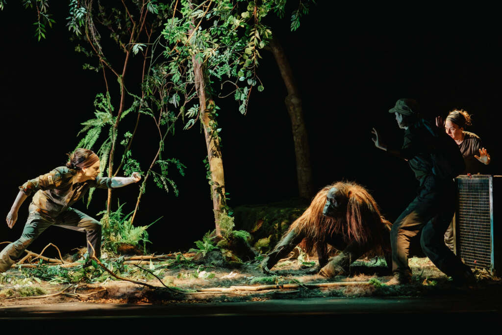 ▲2026 NTT Arts NOVA 比利時靜物劇團《這就是人「森」啊！》_保育員試圖將紅毛猩猩野放回森林，人與動物之間充滿戒備與拉鋸，荒謬感十足。©臺中國家歌劇院，攝影：林峻永