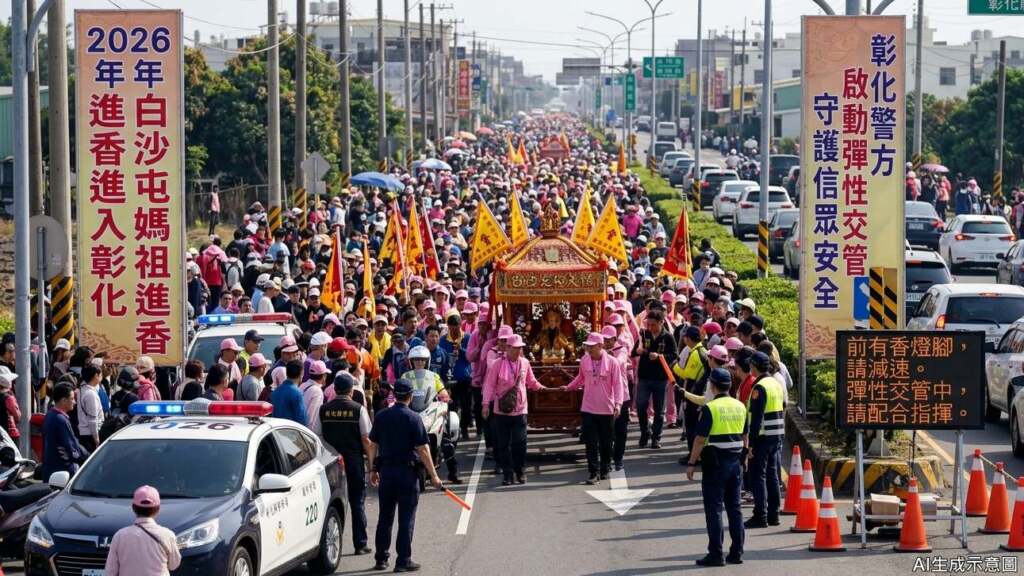 ▲白沙屯媽祖進香進入彰化，彰警啟動彈性交管守護信眾安全。（AI生成示意圖）